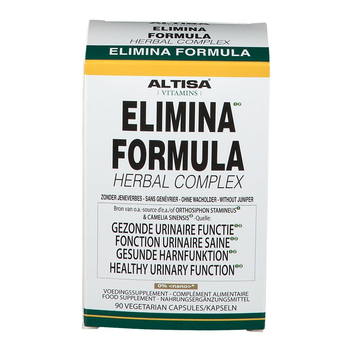 Boîte blanche avec accents verts et jaunes. Inscription : Altisa Elimina Formula Herbal Complex. Contient 90 gélules végétariennes.