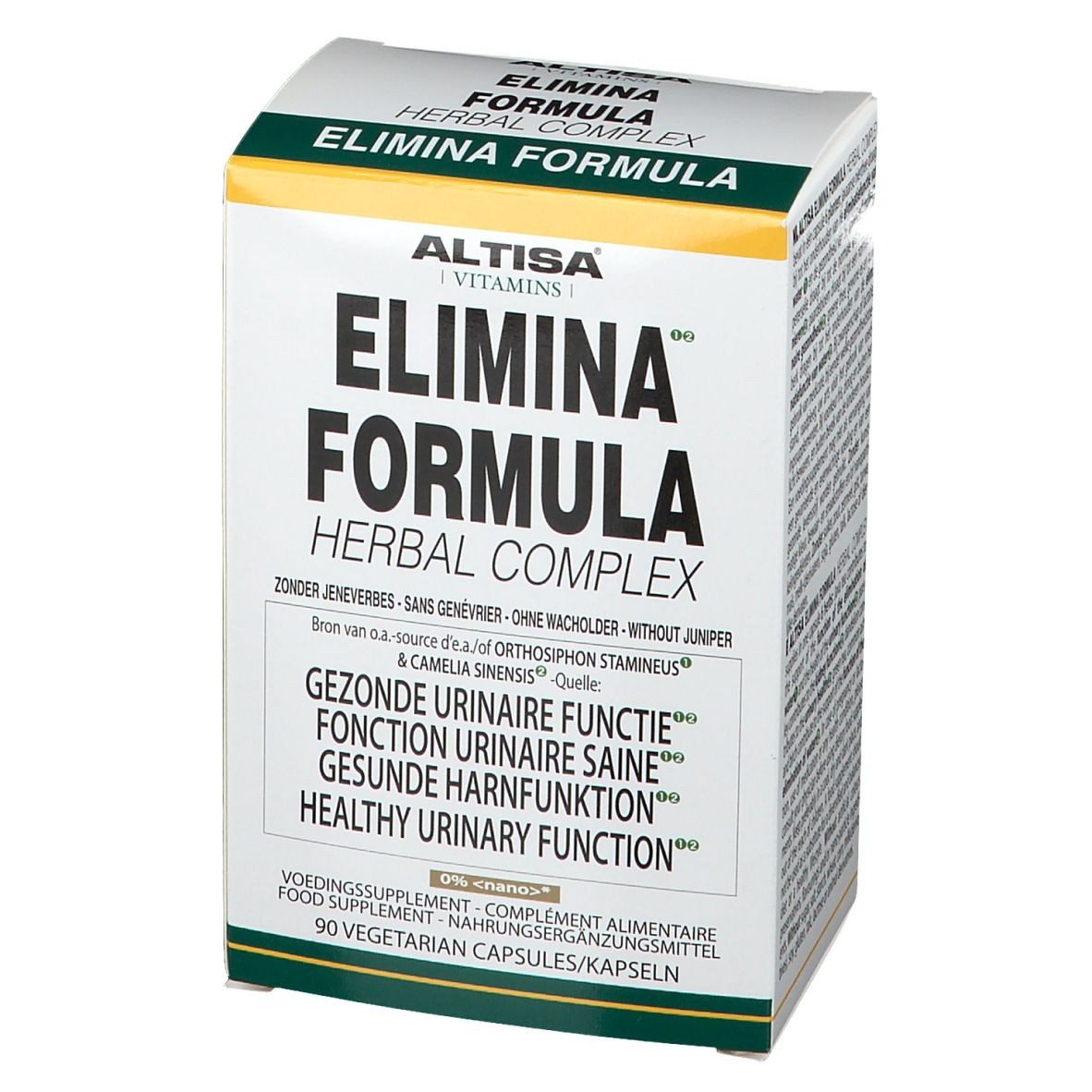 Boîte blanche avec accents verts et jaunes. Inscription : Altisa Elimina Formula Herbal Complex. Contient 90 gélules végétariennes.