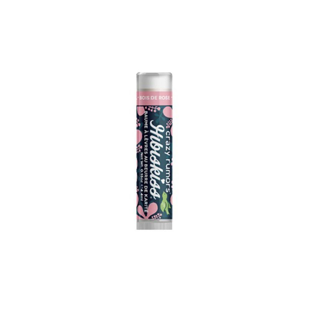 Baume à lèvres Hibiskiss Rosewood. Contient la liste des ingrédients et le logo de la marque.