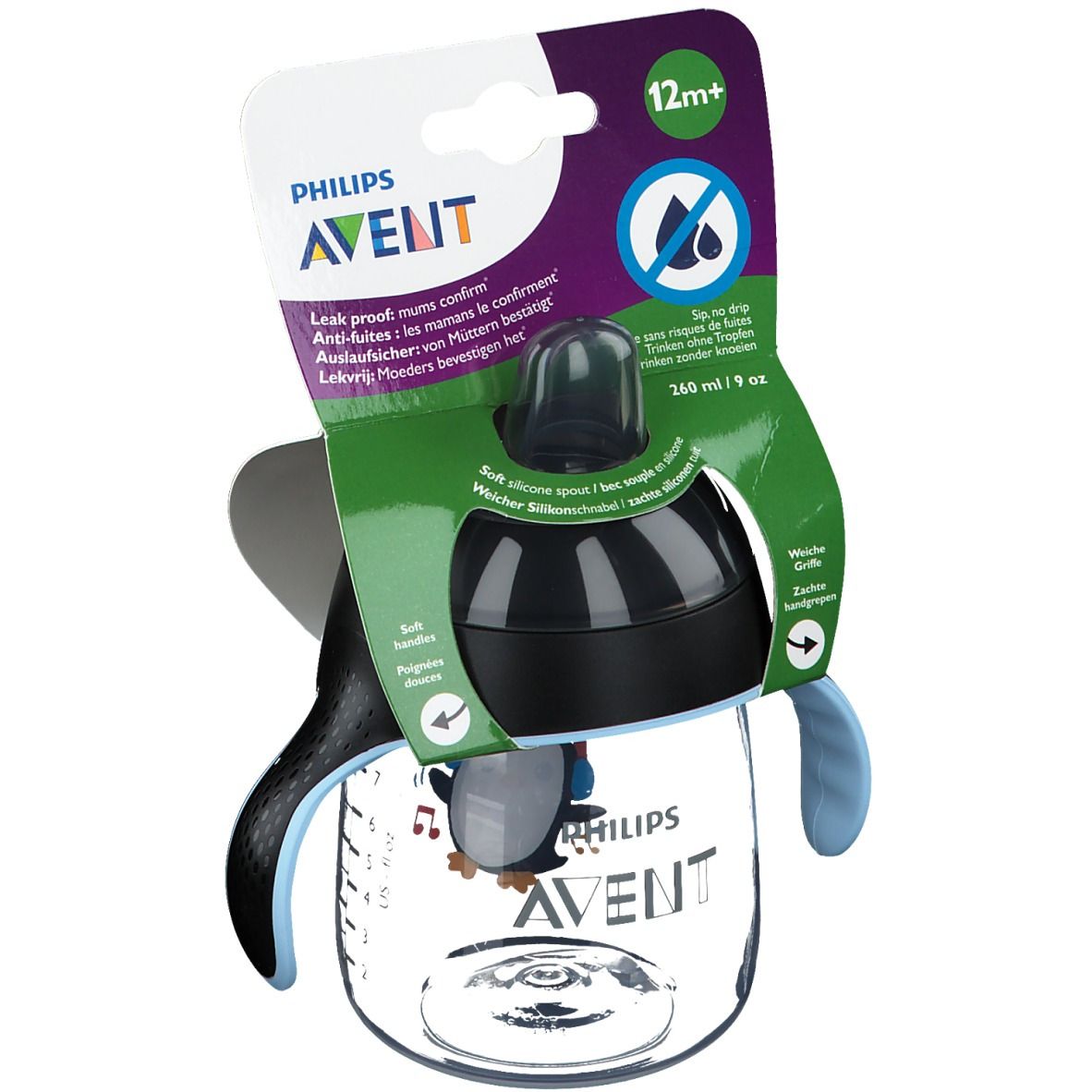 Avent Tasse à bec Anti-Fuite Pinguin Noir 260 ml +12 mois