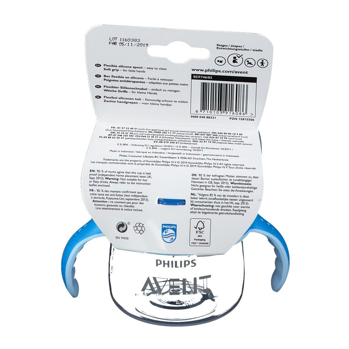 Avent Tasse à bec Anti-Fuite Pinguin Bleu 260 ml +12 mois