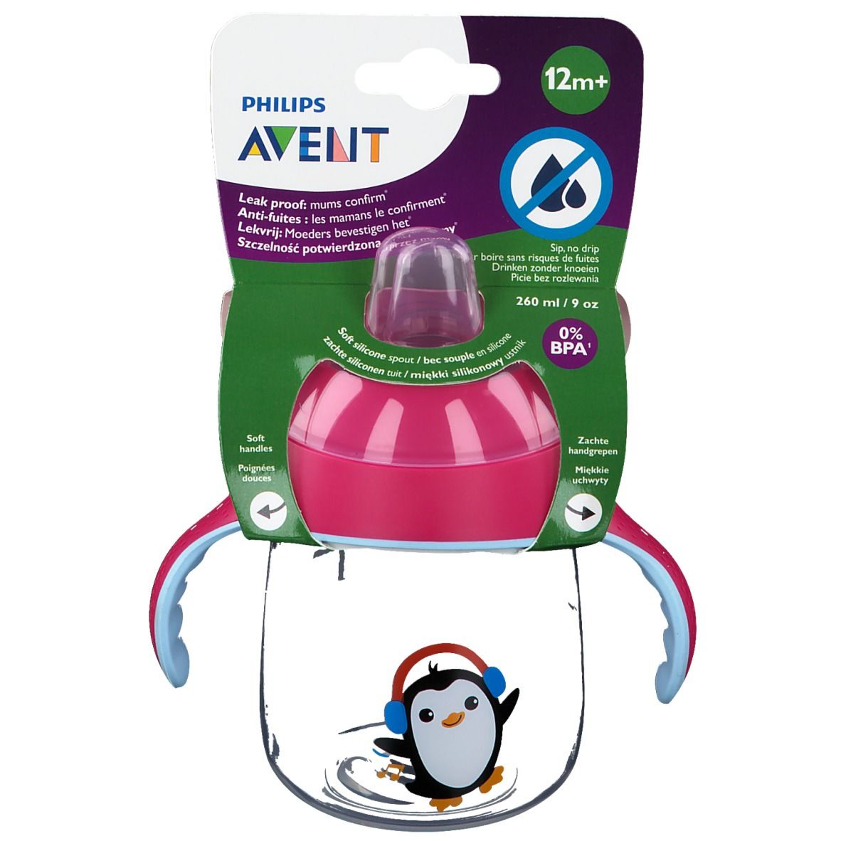 Gobelet AVENT rose avec motif pingouin. Avec poignées, bec et couvercle. Emballage avec informations produit.
