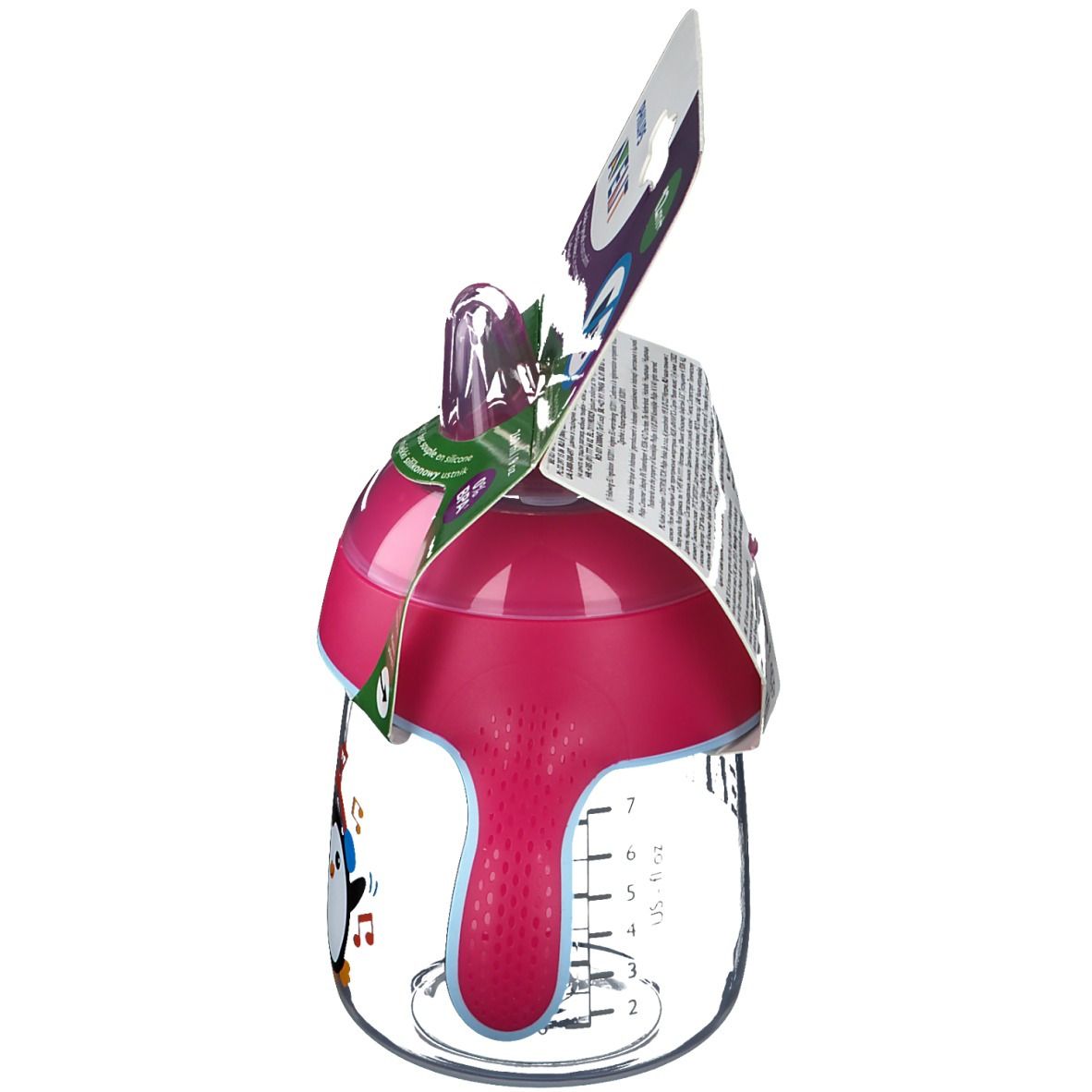 Gobelet AVENT rose, motif pingouin. Visibles : bec, couvercle, échelle de mesure. Emballage avec informations.