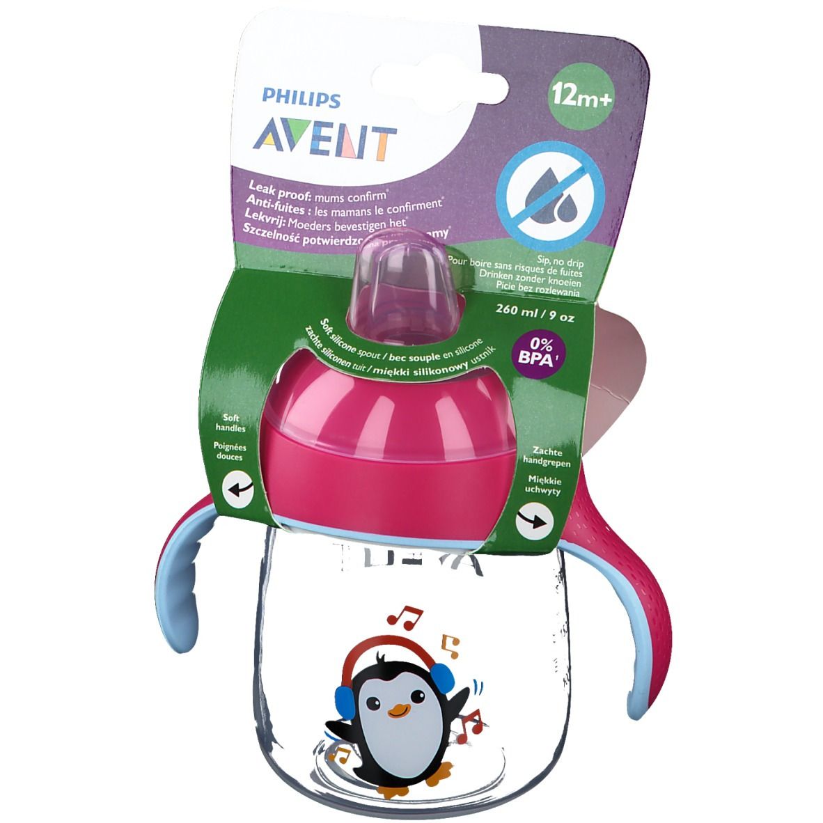 Gobelet AVENT rose avec motif pingouin. Avec poignées, bec et couvercle. Emballage avec informations produit.