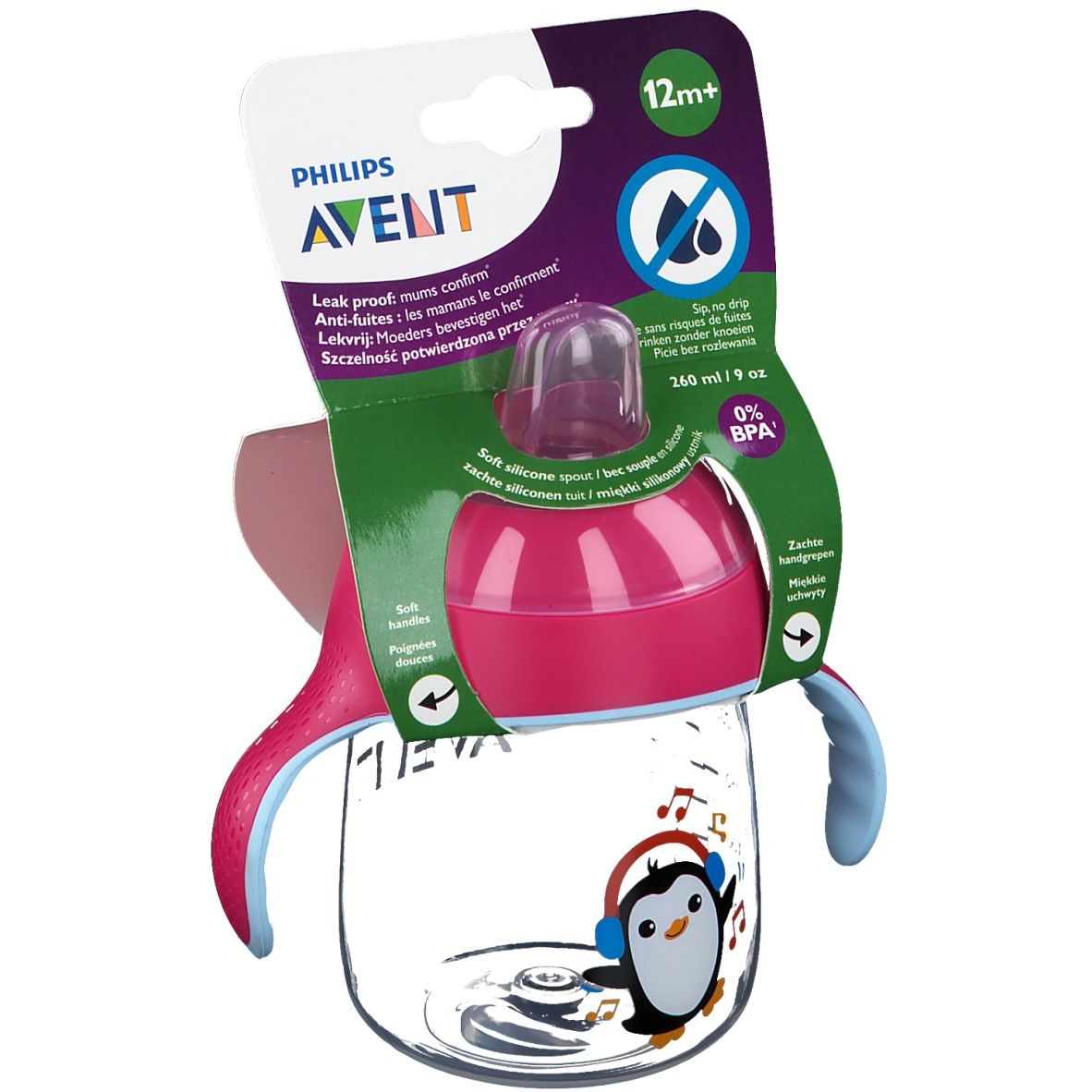 Gobelet AVENT rose avec motif pingouin. Avec poignées, bec et couvercle. Emballage avec informations produit.