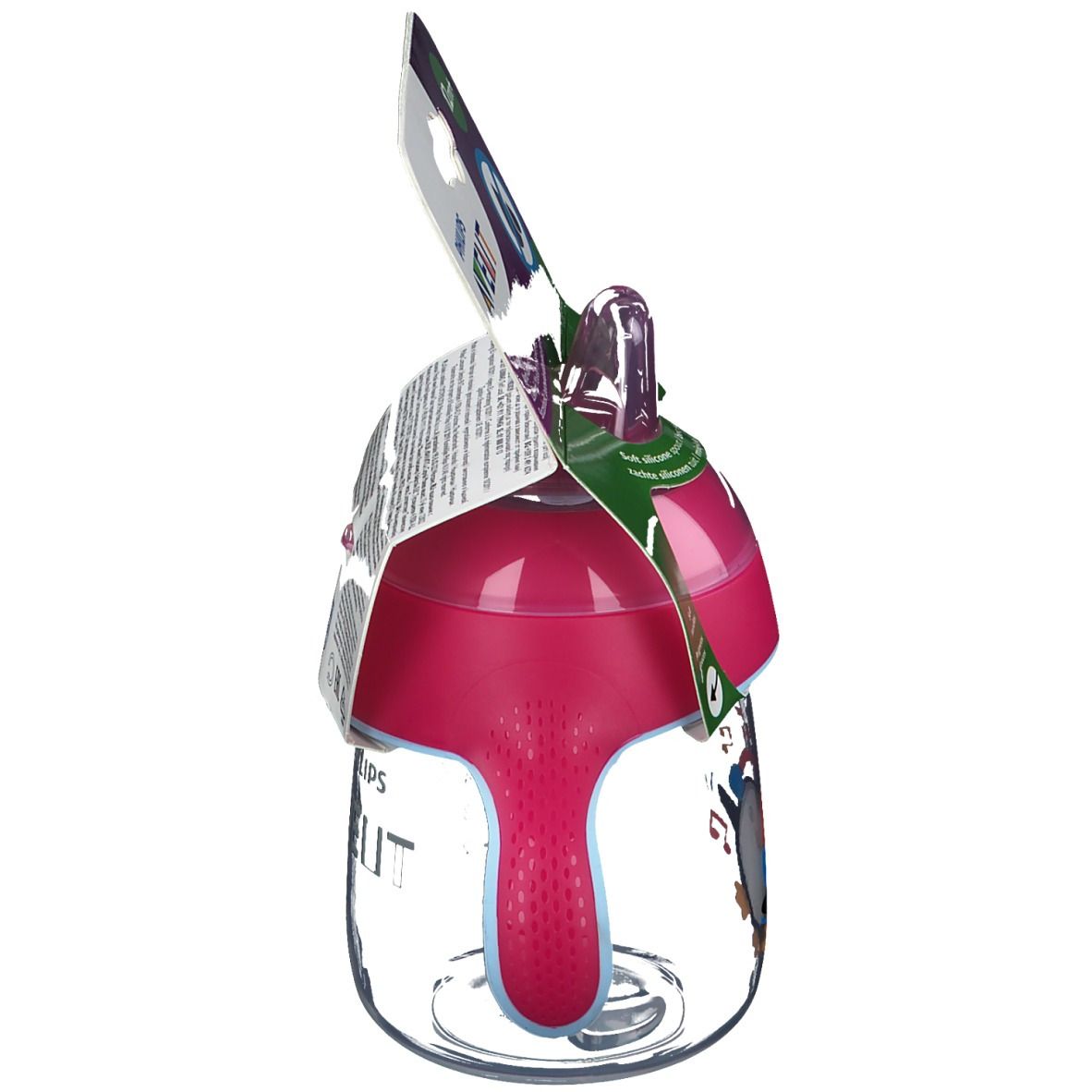 Gobelet AVENT rose, motif pingouin. Visibles : bec, couvercle, échelle de mesure. Emballage avec informations.