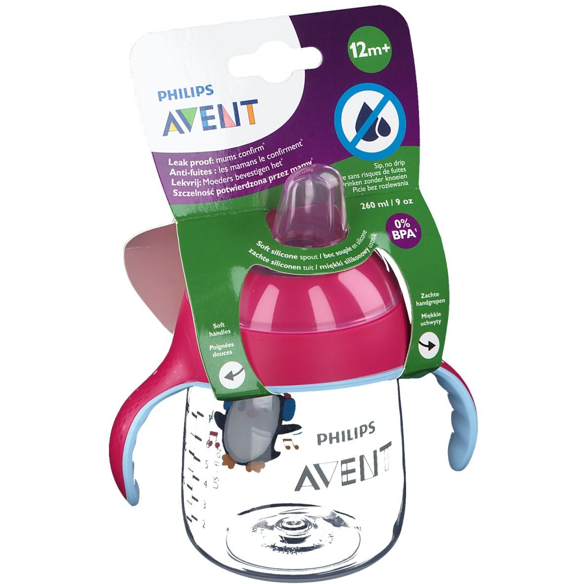 Avent Tasse à bec Anti-Fuite Pinguin Rose 260 ml +12 mois