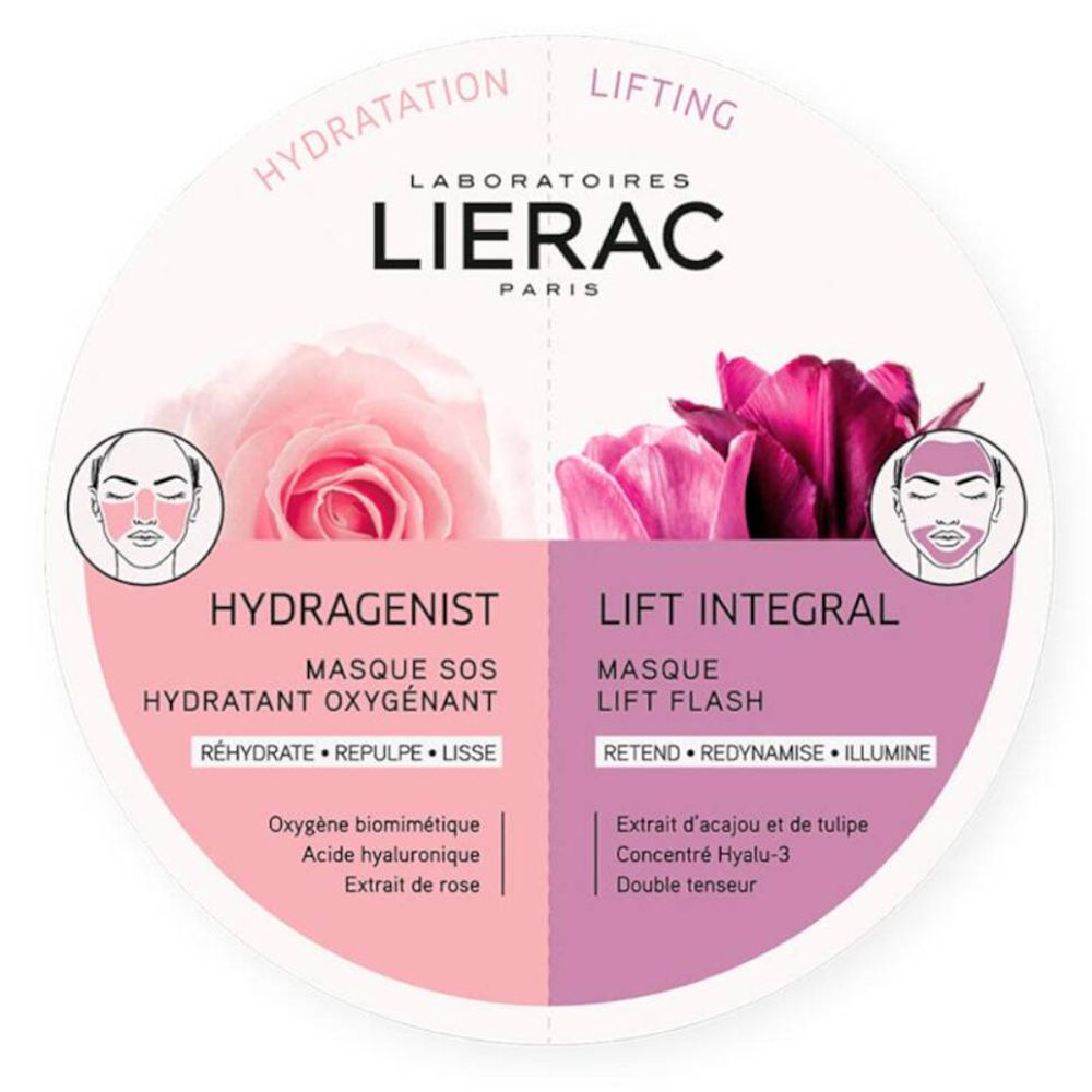 Masque rond divisé en rose et violet. Logos et texte: LIERAC, Hydragenist, Lift Integral. Illustrations florales.