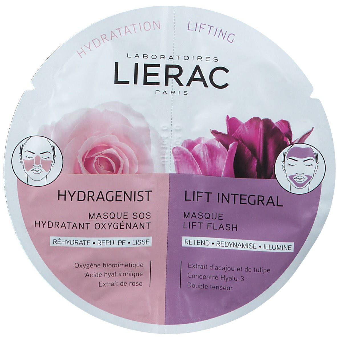 Masque rond divisé en rose et violet. Logos et texte: LIERAC, Hydragenist, Lift Integral. Illustrations florales.
