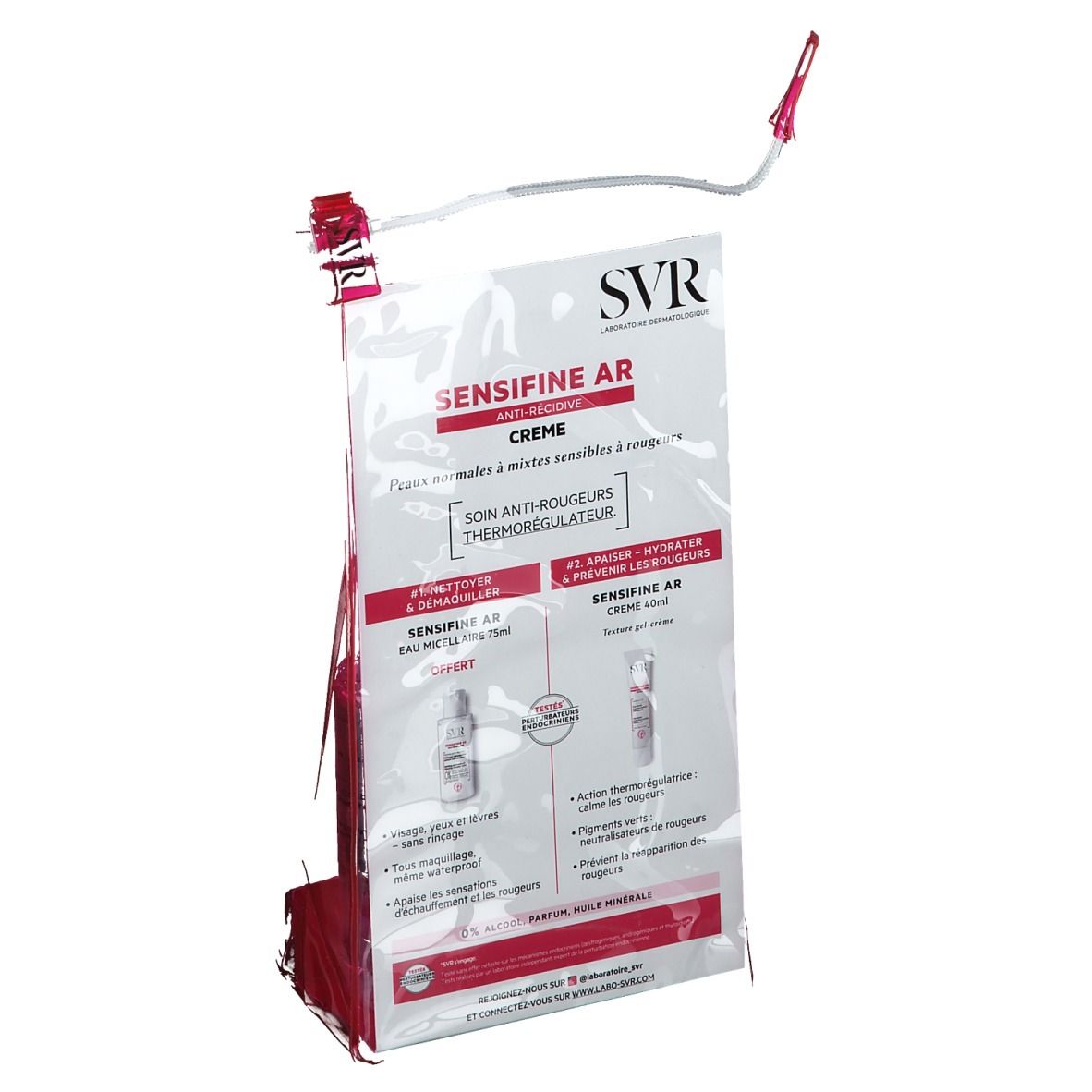 Sac transparent rose avec informations sur le produit. Comprend un flacon et une boîte. Marque SVR et nom du produit Sensifine AR visibles.