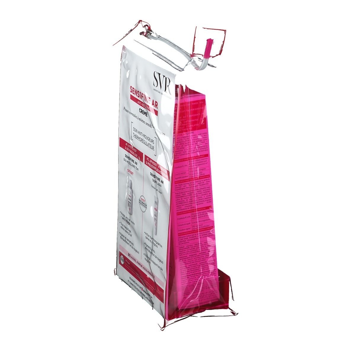 Sac transparent rose avec une boîte blanche et rouge. La boîte porte la marque SVR et le nom du produit Sensifine AR. Vue latérale.