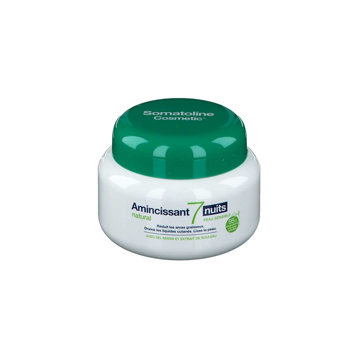 Weißer Tiegel mit grünem Deckel. Aufschrift Somatoline Cosmetic, Amincissant 7 nuits, natural. Grün-weiße Etiketten.