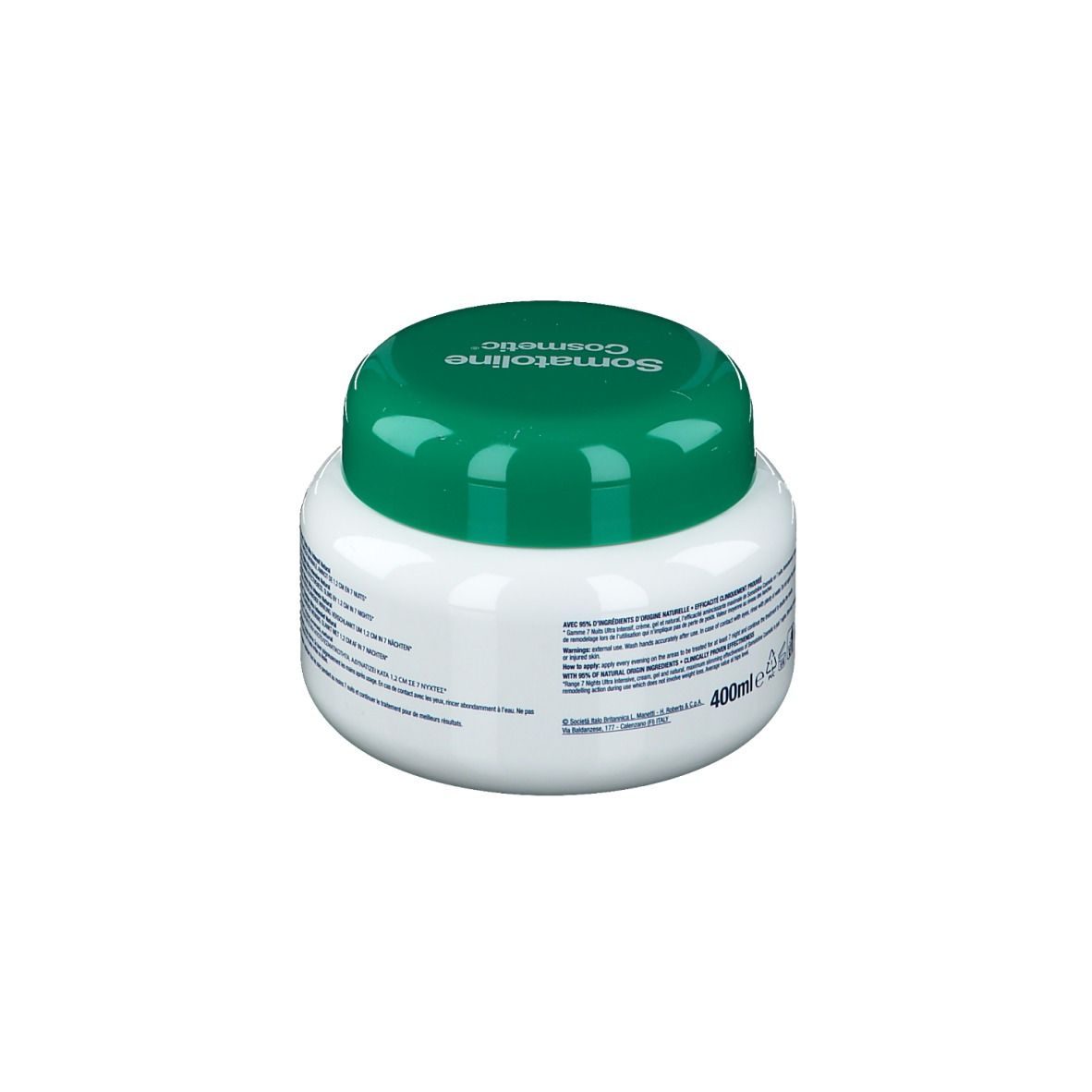 Weißer Tiegel mit grünem Deckel. Rückseite mit Text. Aufschrift Somatoline Cosmetic. Grün-weiße Etiketten.