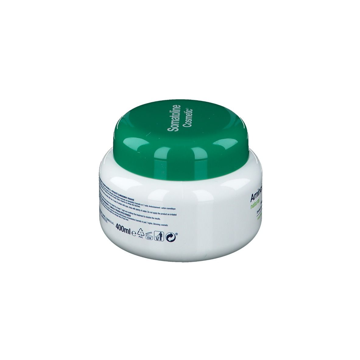 Weißer Tiegel mit grünem Deckel. Rückseite mit Text. Aufschrift Somatoline Cosmetic. Grün-weiße Etiketten.