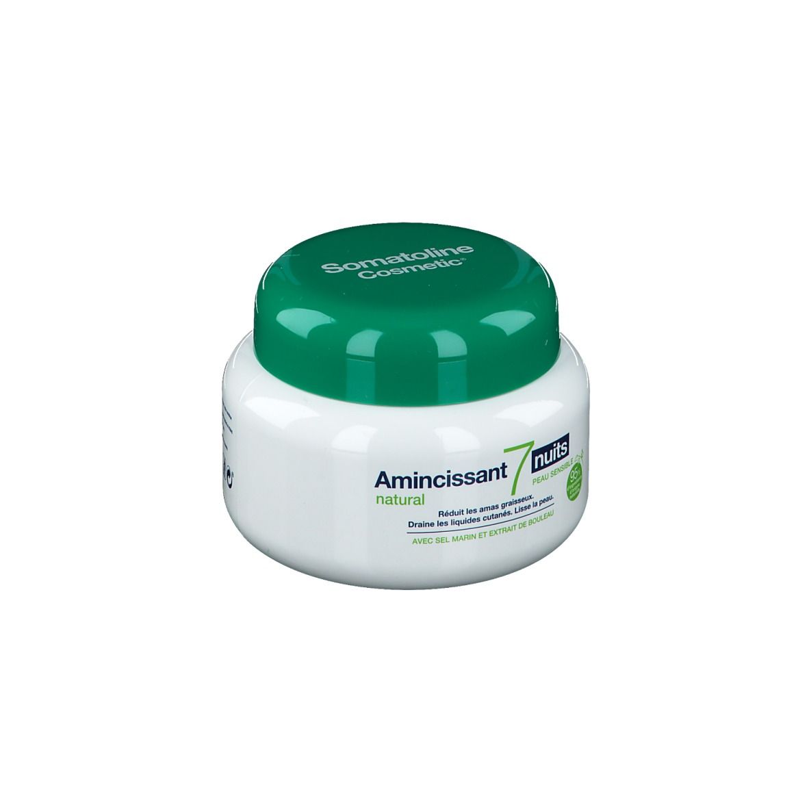 Weißer Tiegel mit grünem Deckel. Aufschrift Somatoline Cosmetic, Amincissant 7 nuits, natural. Grün-weiße Etiketten.