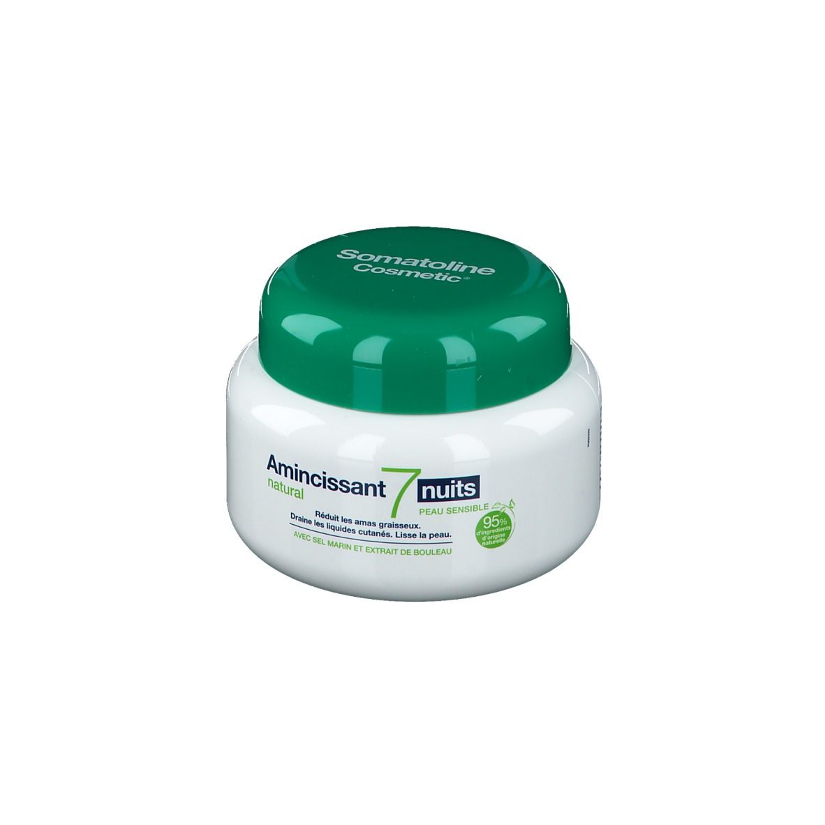 Weißer Tiegel mit grünem Deckel. Aufschrift Somatoline Cosmetic, Amincissant 7 nuits, natural. Grün-weiße Etiketten.