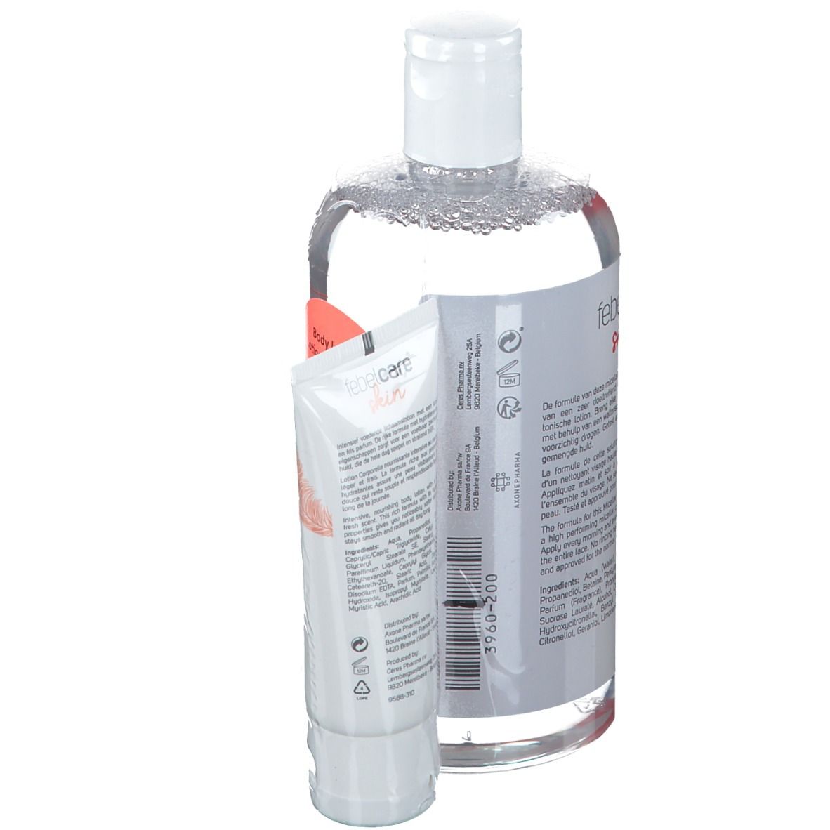 Rückansicht von zwei Produkten: eine Flasche und eine Tube. Auf der Flasche sind Informationen und Inhaltsstoffe aufgedruckt.