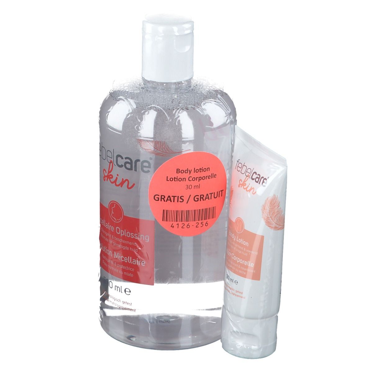 Zwei Produkte: eine transparente Flasche und eine Tube. Auf der Flasche steht "feblcare skin". Ein Aufkleber zeigt "GRATIS".