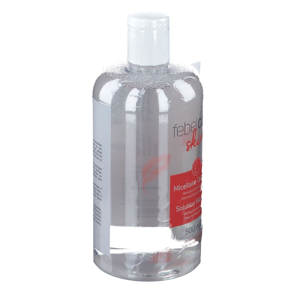 Transparente Flasche mit weißem Deckel. Auf der Flasche steht "feblcare skin". Aufkleber mit Produktinformationen.
