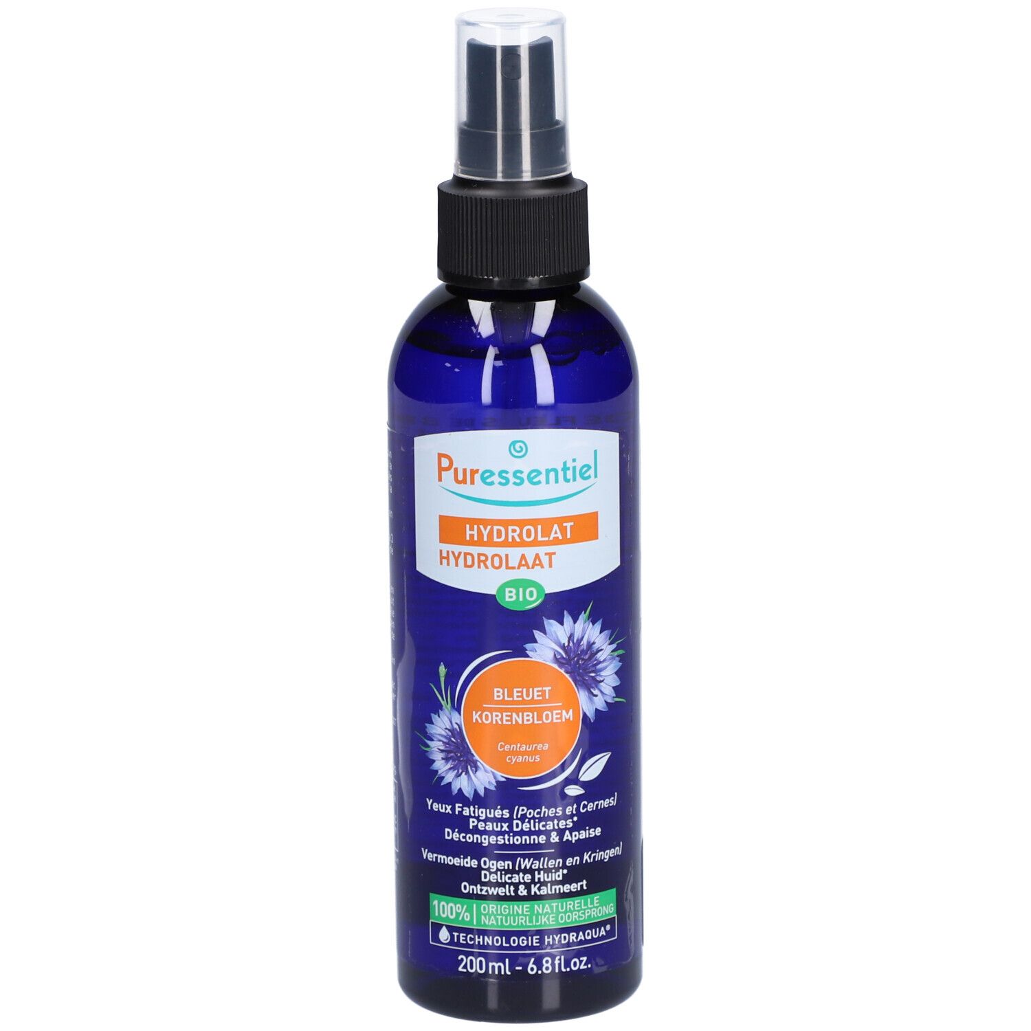 Blaue Glasflasche mit schwarzem Sprühkopf. Produktetikett mit Kornblume. 200ml.