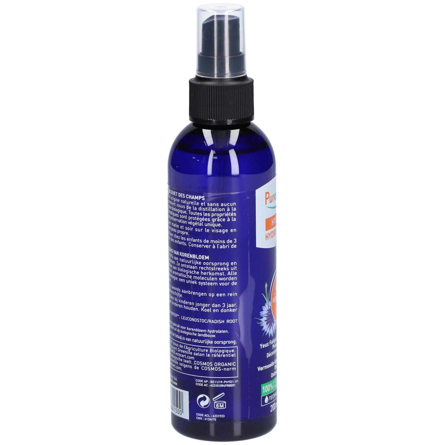 Rückseite der blauen Glasflasche mit Text. Enthält Informationen über die Inhaltsstoffe und die Verwendung.