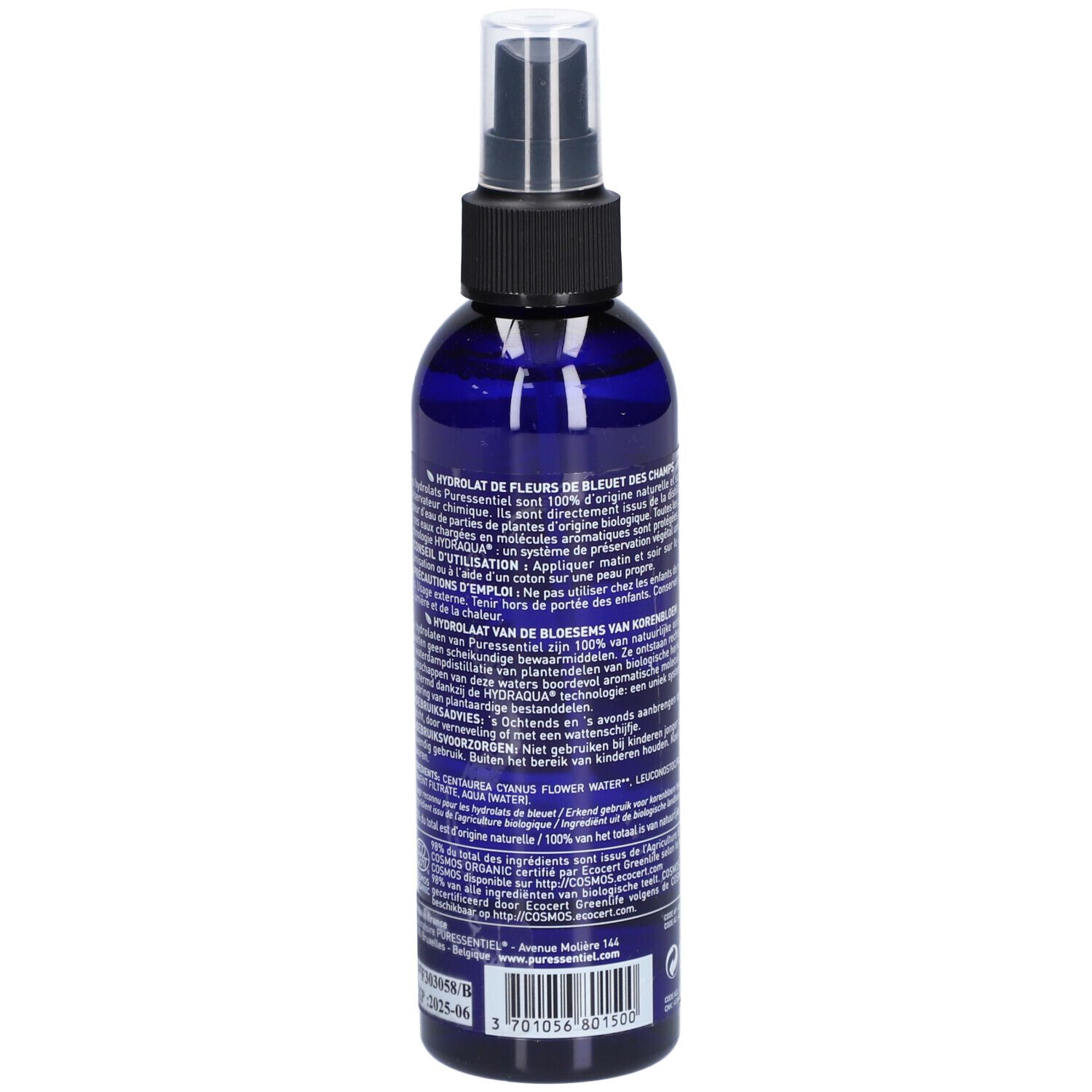 Rückseite der blauen Glasflasche mit Text. Enthält Informationen über die Inhaltsstoffe und die Verwendung.