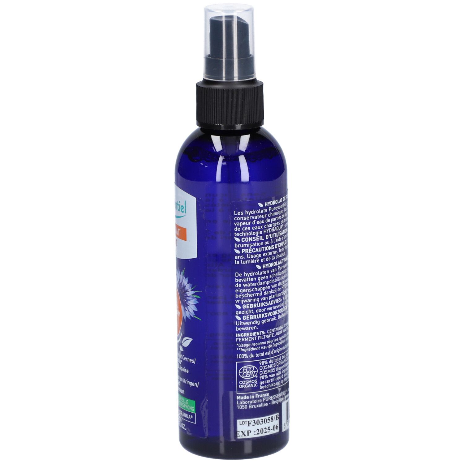 Rückseite der blauen Glasflasche mit Text. Enthält Informationen über die Inhaltsstoffe und die Verwendung.