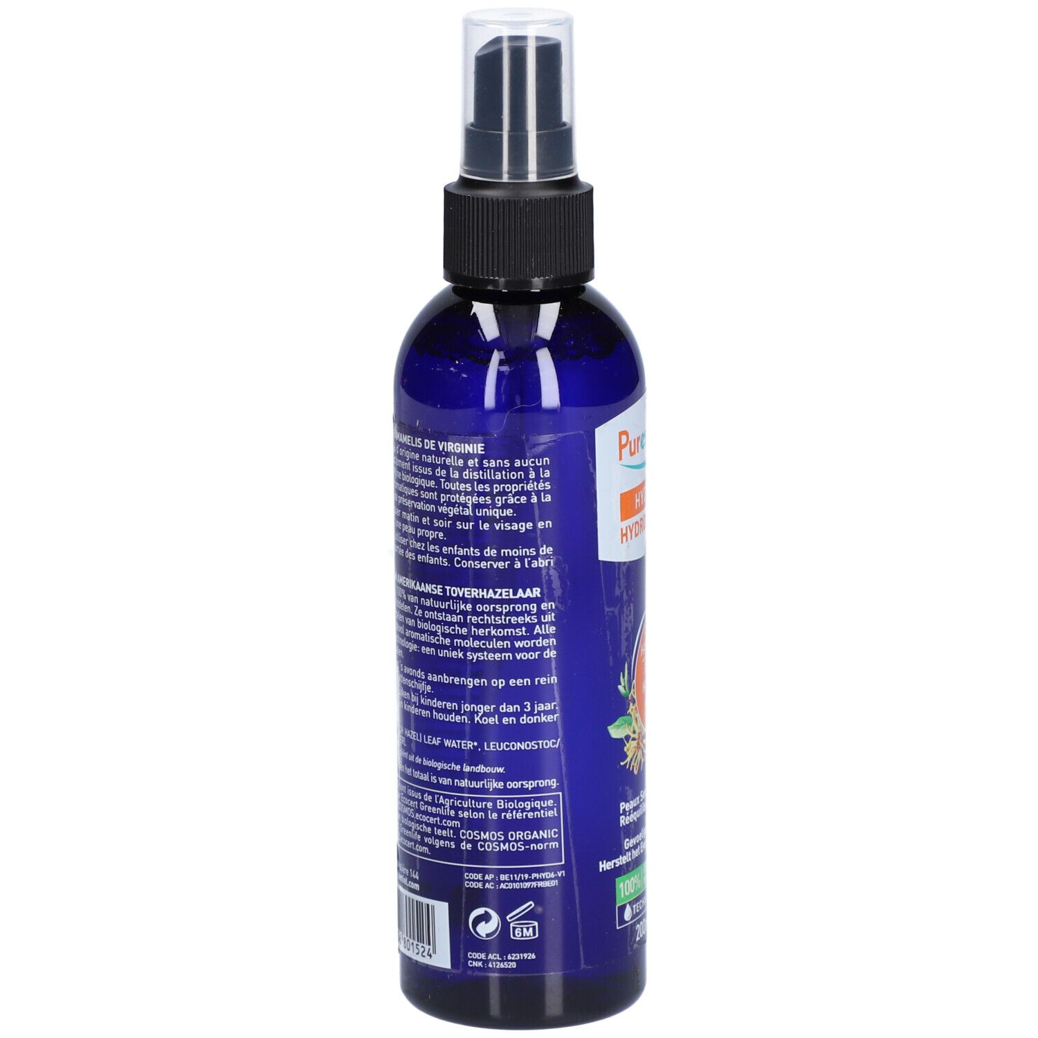 Rückseite der blauen Flasche. Text in Französisch und Niederländisch. Aufschrift: Puressentiel, Hydrolat, Hamamelis Toverhazelaar, Bio.