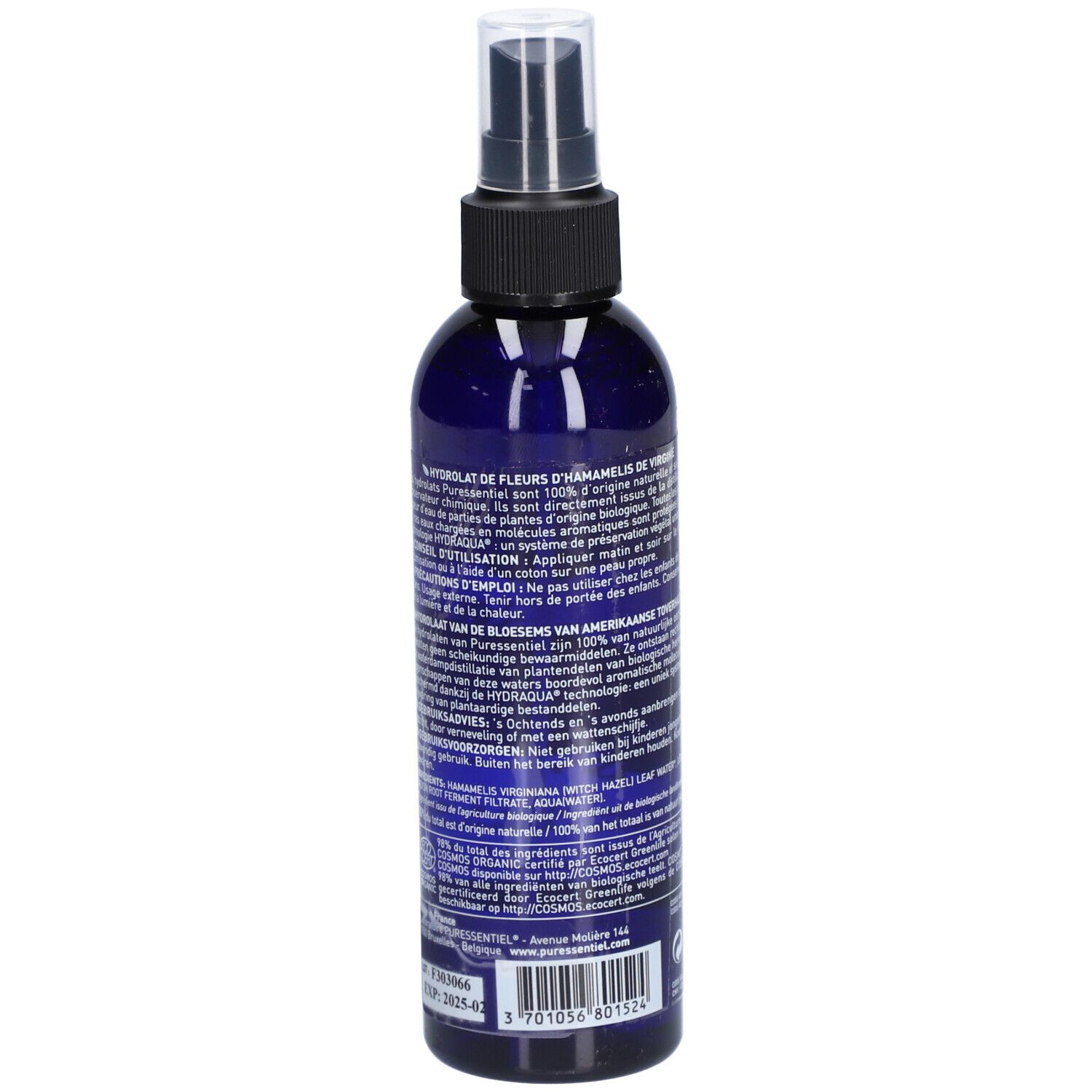Rückseite der blauen Flasche. Text in Französisch und Niederländisch. Aufschrift: Puressentiel, Hydrolat, Hamamelis Toverhazelaar, Bio.