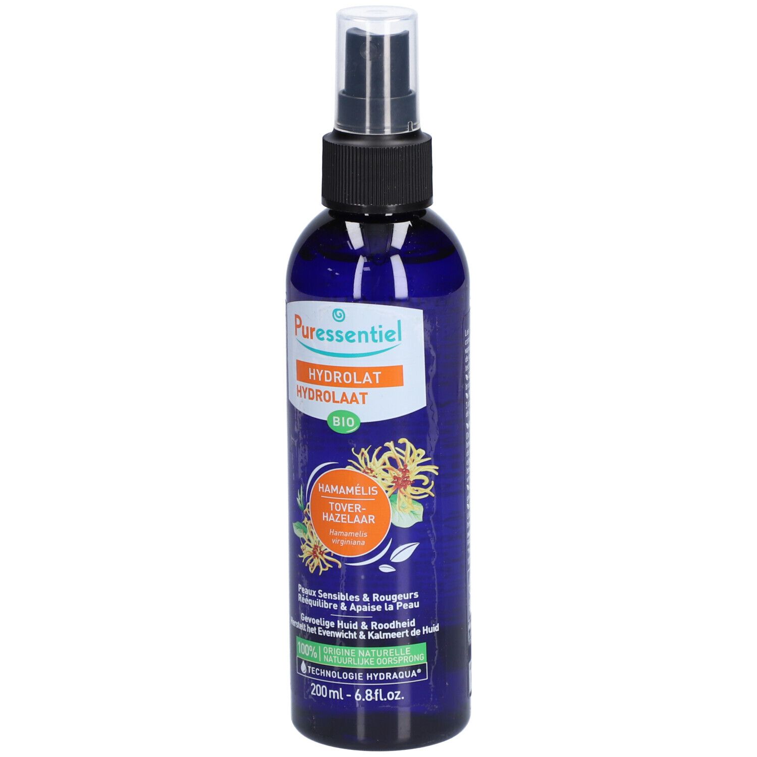 Blaue Flasche mit Sprühkopf. Aufschrift: Puressentiel, Hydrolat, Hamamelis Toverhazelaar, Bio. Text in Niederländisch.