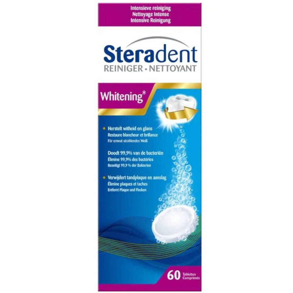 Boîte de comprimés nettoyants Steradent Whitening. Contient 60 comprimés. Inscription : Whitening, Reiniger, Netttoyant.