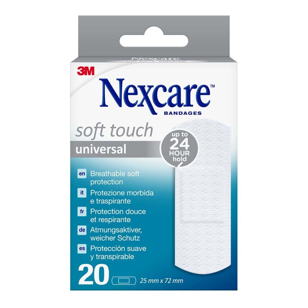 Nexcare Soft Touch Universal Pflasterpackung. 20 Pflaster, 25 x 72 mm. Verpackung mit Aufhänger.