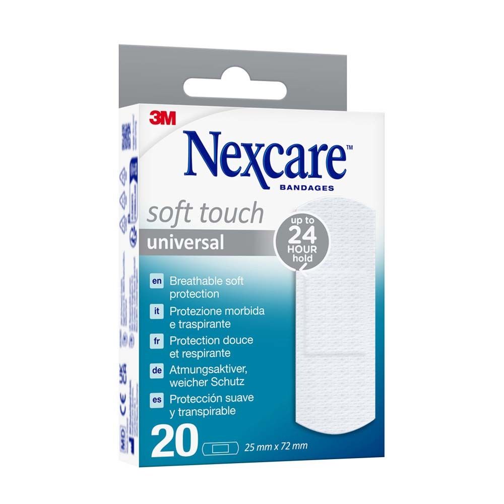 Nexcare Soft Touch Universal Pflasterpackung. 20 Pflaster, 25 x 72 mm. Verpackung mit Aufhänger.