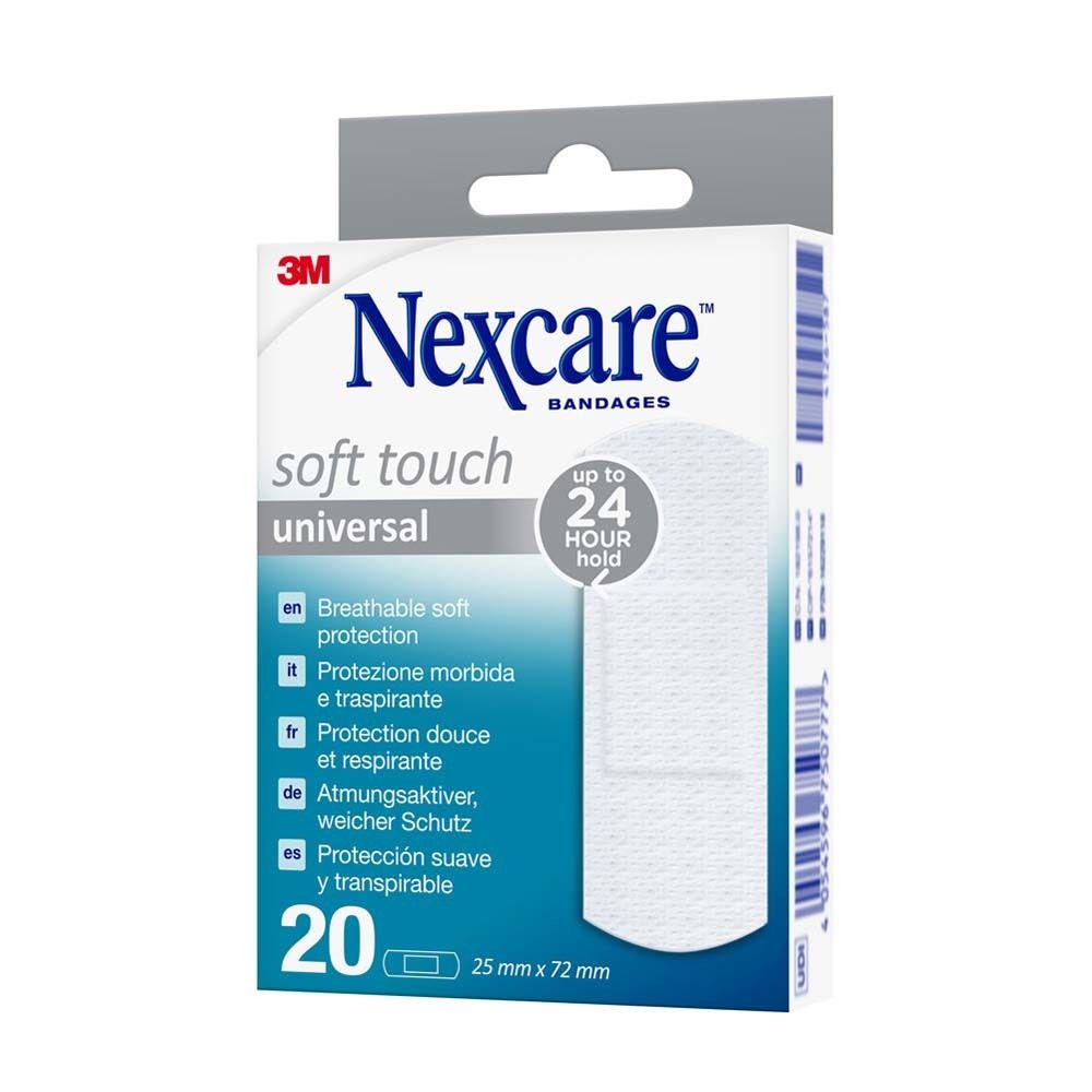 Nexcare Soft Touch Universal Pflasterpackung. 20 Pflaster, 25 x 72 mm. Verpackung mit Aufhänger.