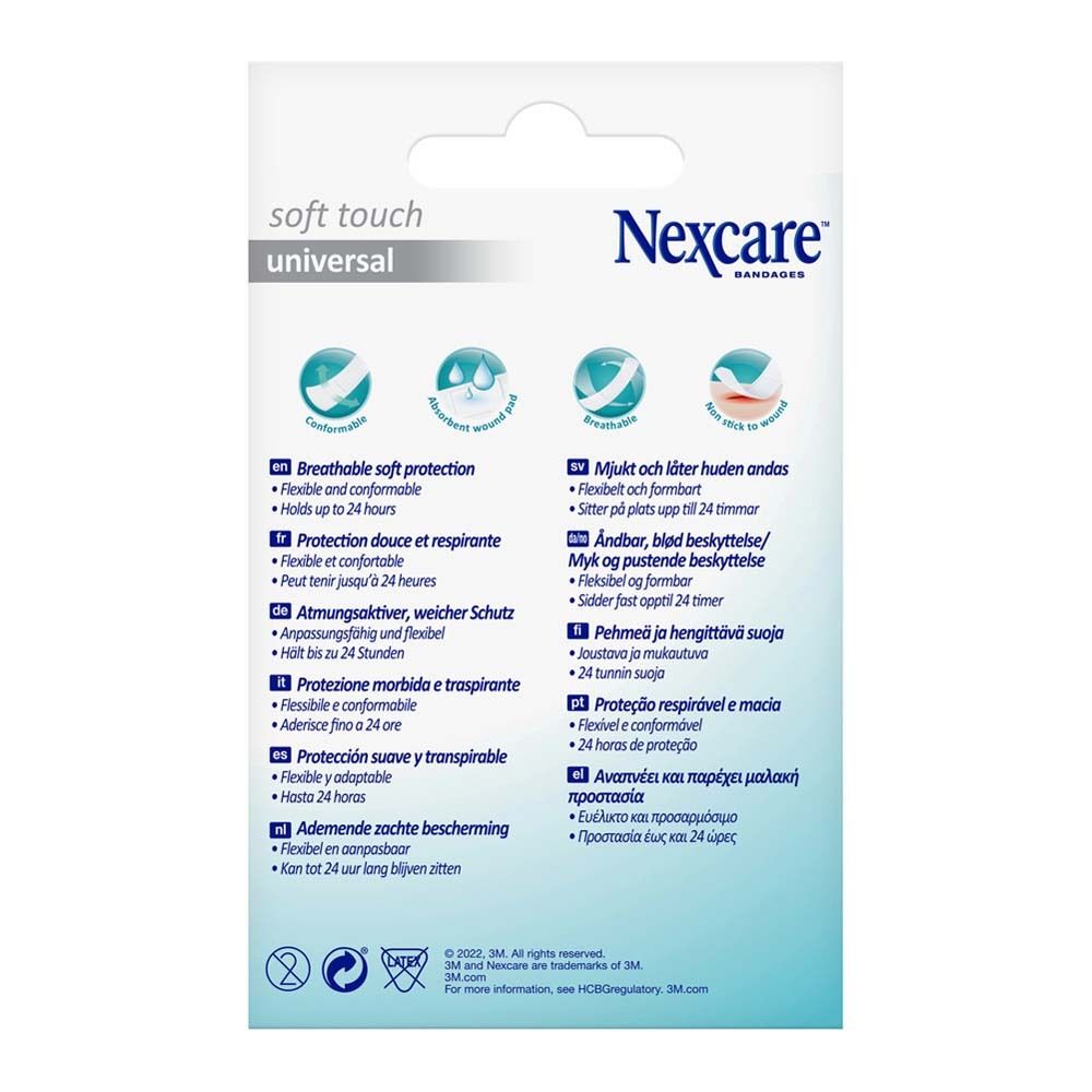 Rückseite der Nexcare Soft Touch Universal Pflasterpackung. Produktmerkmale in mehreren Sprachen.