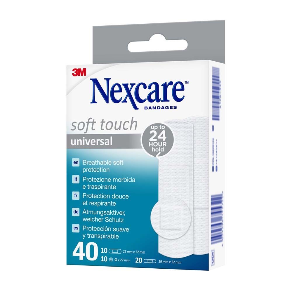 Rückseite der Schachtel mit Nexcare Soft Touch Universal Pflastern. Produktinformationen.
