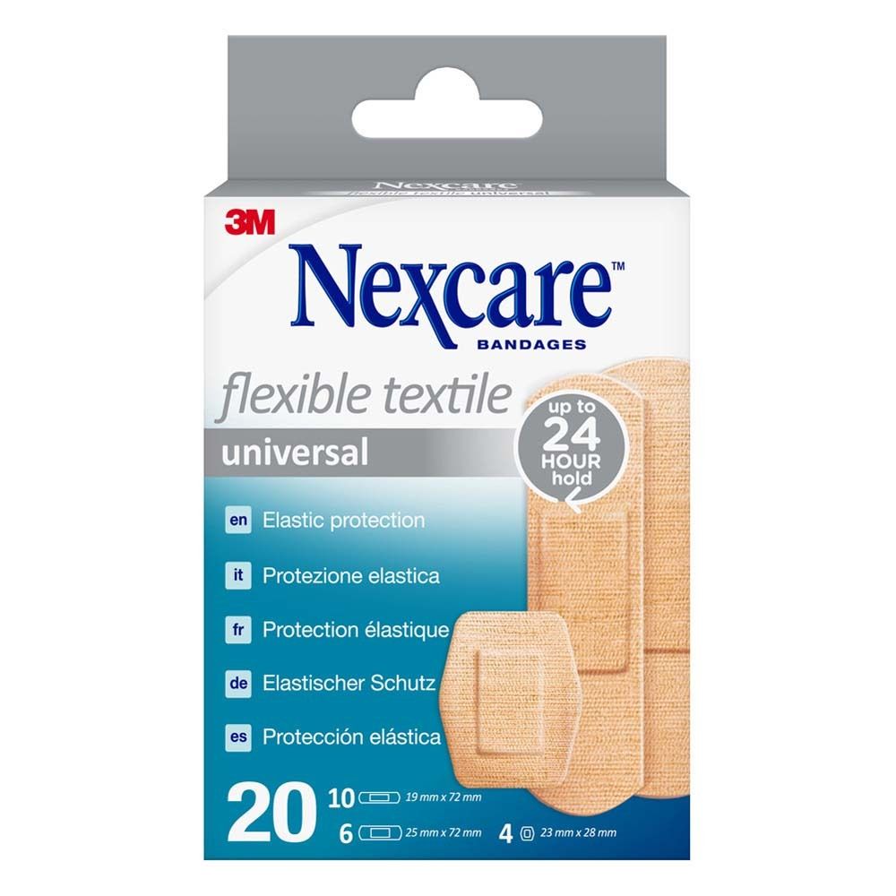 Nexcare Flexibles Textil Universal. Packung mit Pflastern. 20 Stück, verschiedene Größen. Beige Textilpflaster.