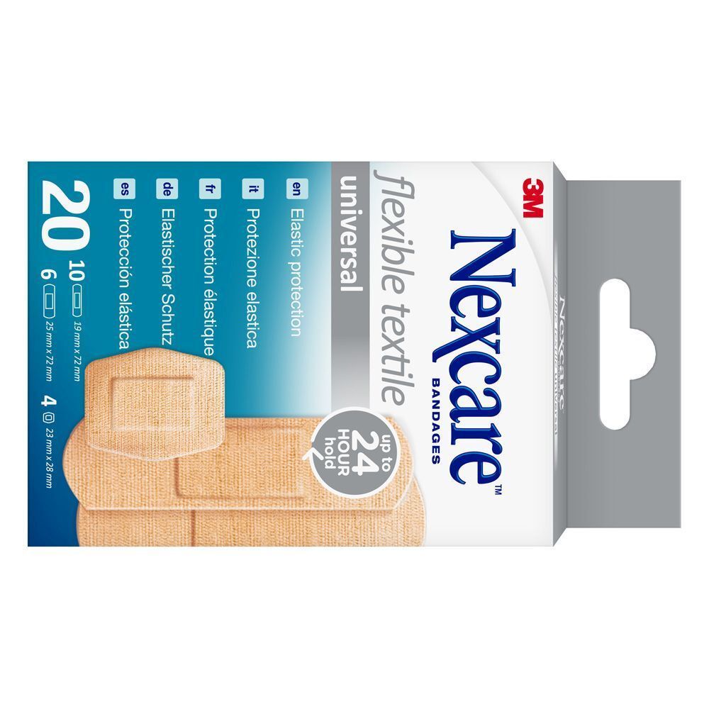Nexcare Flexibles Textil Universal. Boîte de pansements. 20 pièces, différentes tailles.