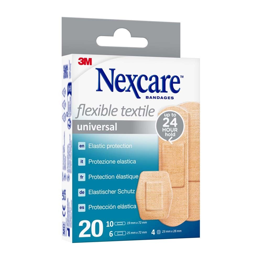 Nexcare Flexibles Textil Universal. Packung mit Pflastern. 20 Stück, verschiedene Größen. Beige Textilpflaster.