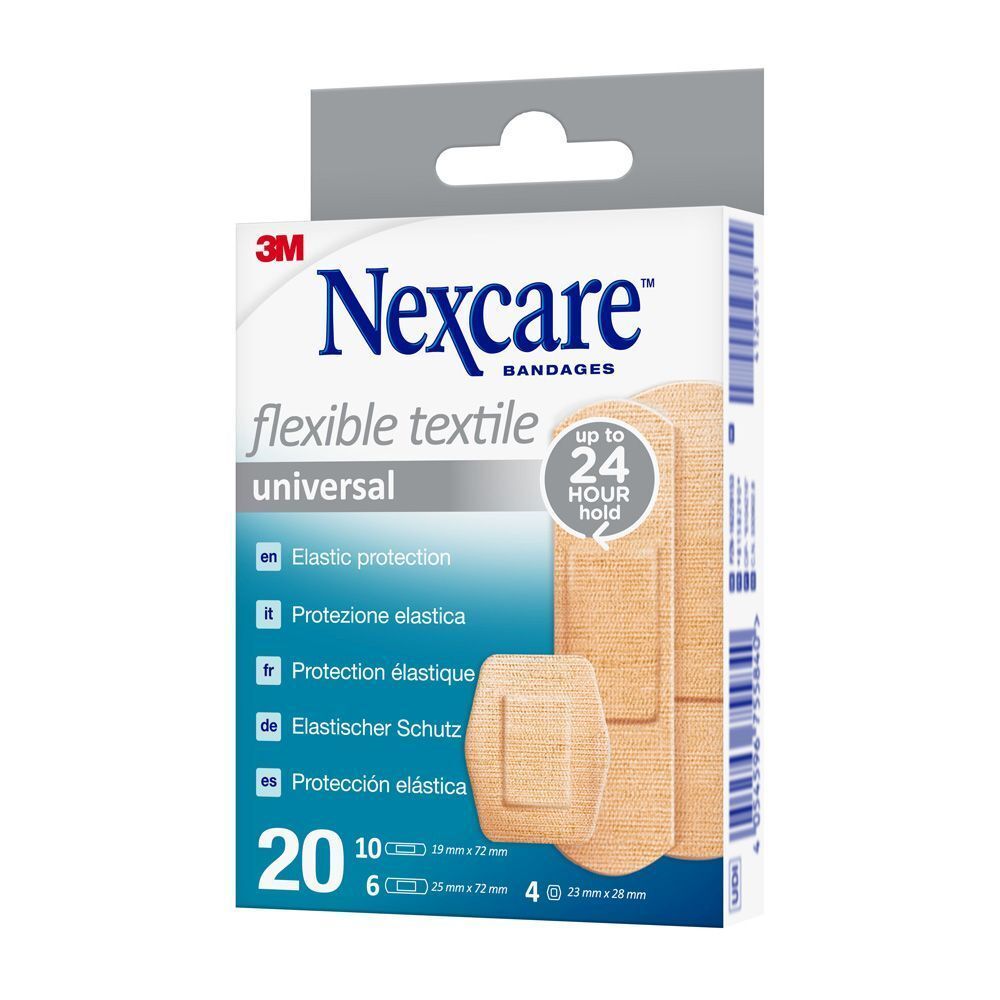 Nexcare Flexibles Textil Universal. Dos de l'emballage. Informations produit en plusieurs langues.