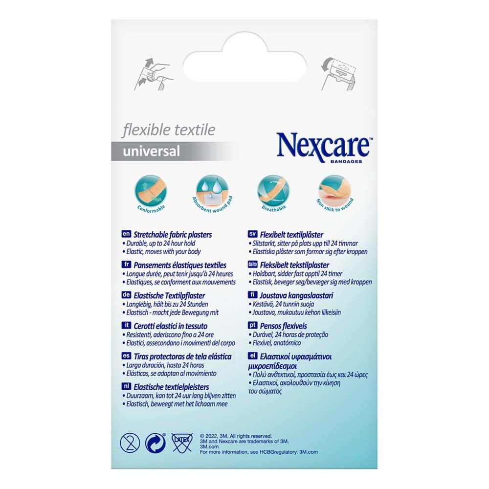 Rückseite der Nexcare Flexibles Textil Universal Packung. Produktinformationen, Piktogramme, Text.