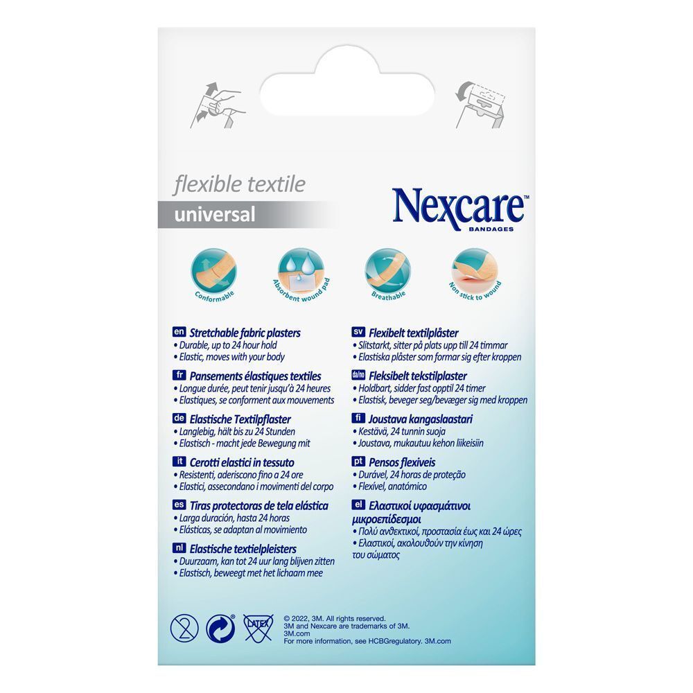 Nexcare Flexibles Textil Universal. Vue latérale de l'emballage. Informations produit en plusieurs langues.