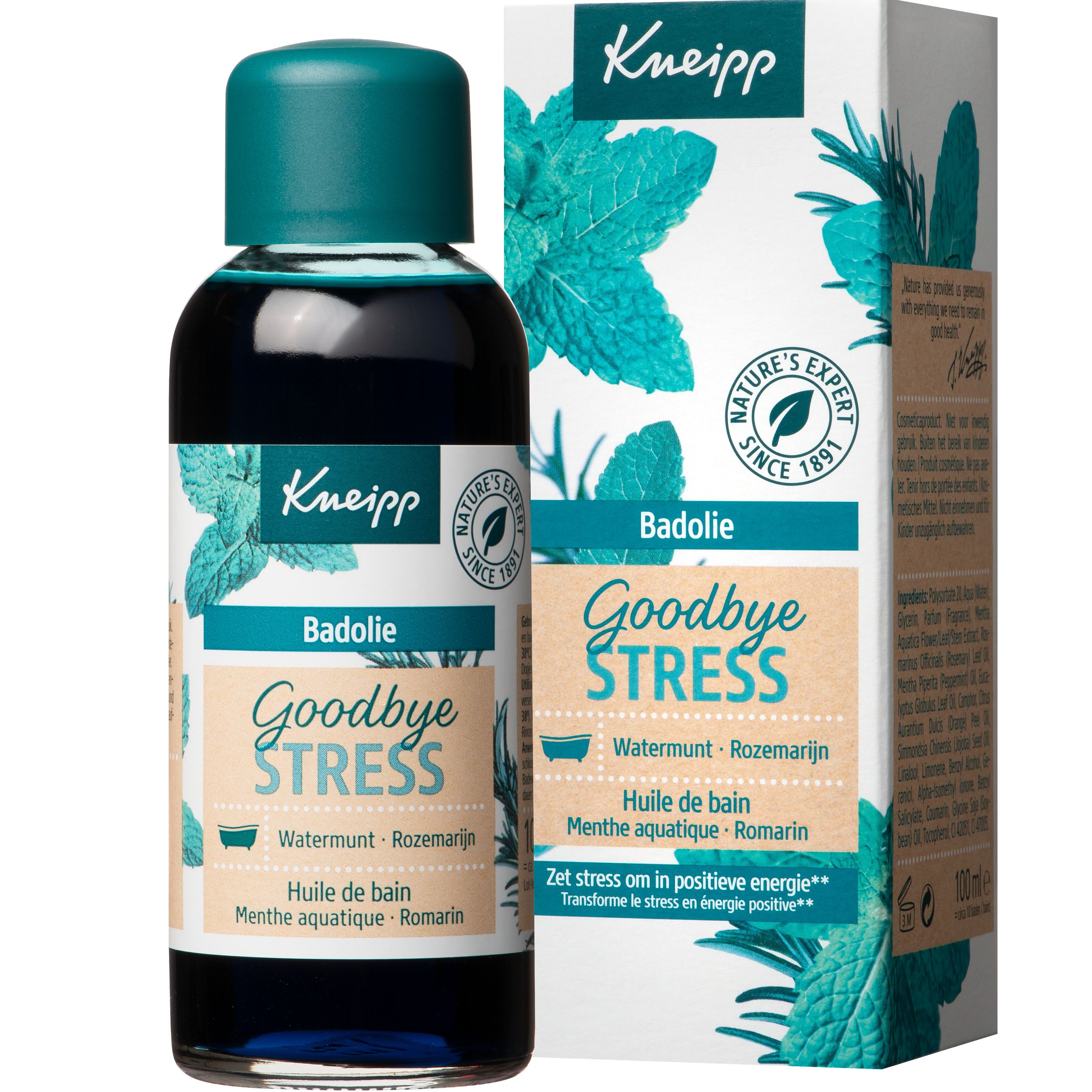Flacon et emballage Kneipp® Goodbye Stress. Flacon bleu, bouchon vert. Emballage avec motif d'herbes. Inscription en plusieurs langues.