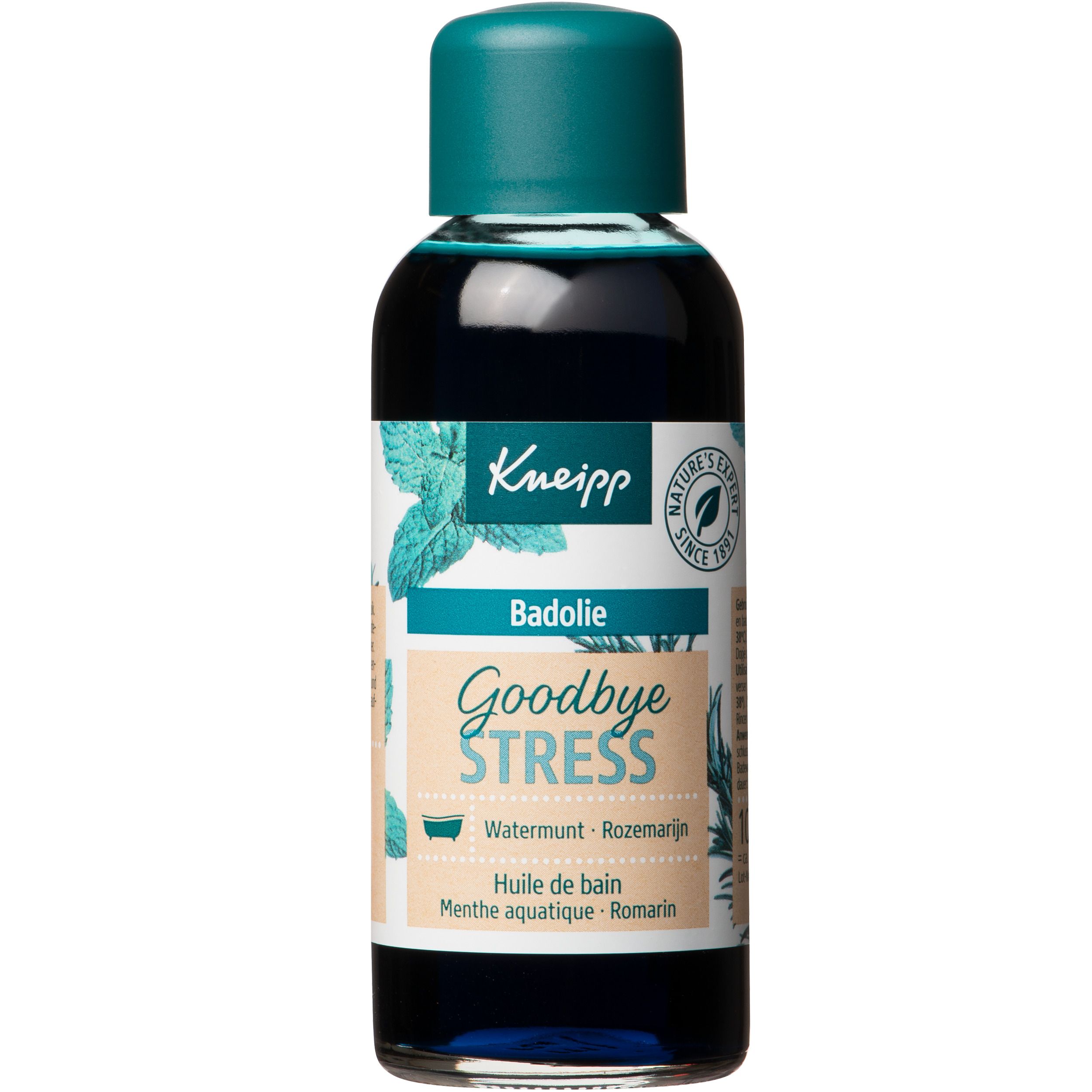 Emballage Kneipp® Goodbye Stress. Motif d'herbes. Inscriptions multilingues.