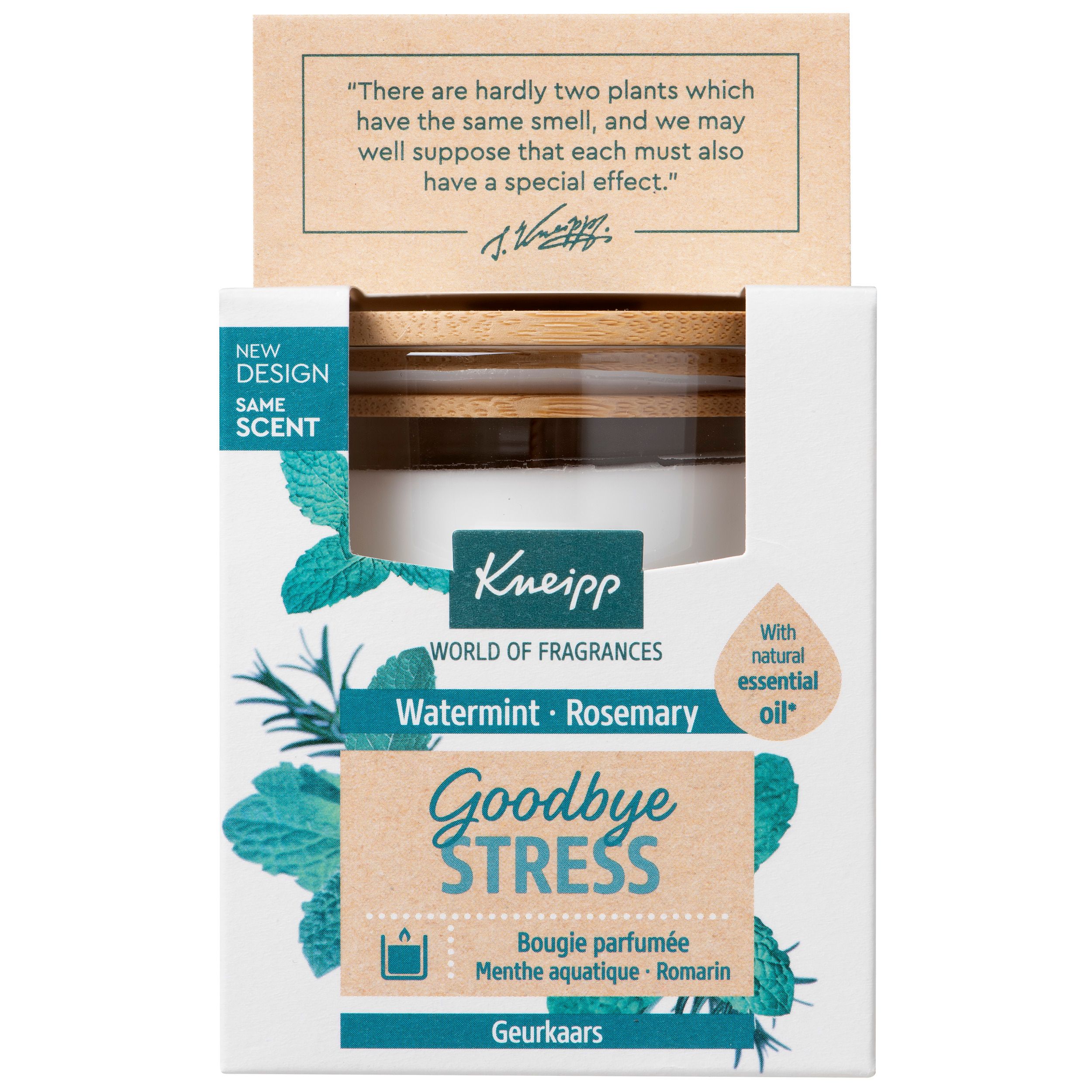 Bougie parfumée Kneipp® Goodbye Stress Menthe aquatique Romarin. Emballage blanc, couvercle en bois. Inscription: Nature.