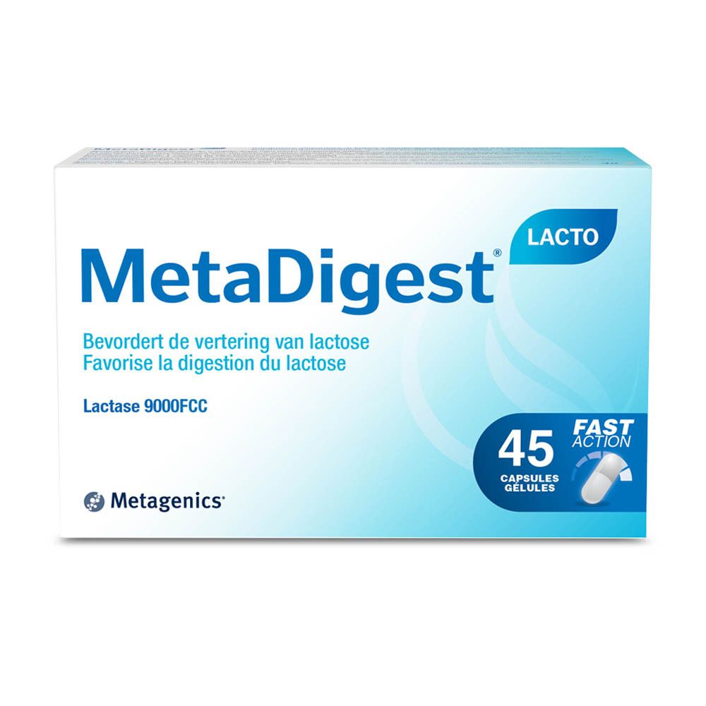 MetaDigest Lacto-Verpackung. Blaue und weiße Schachtel mit Produktnamen und 45 Kapseln.