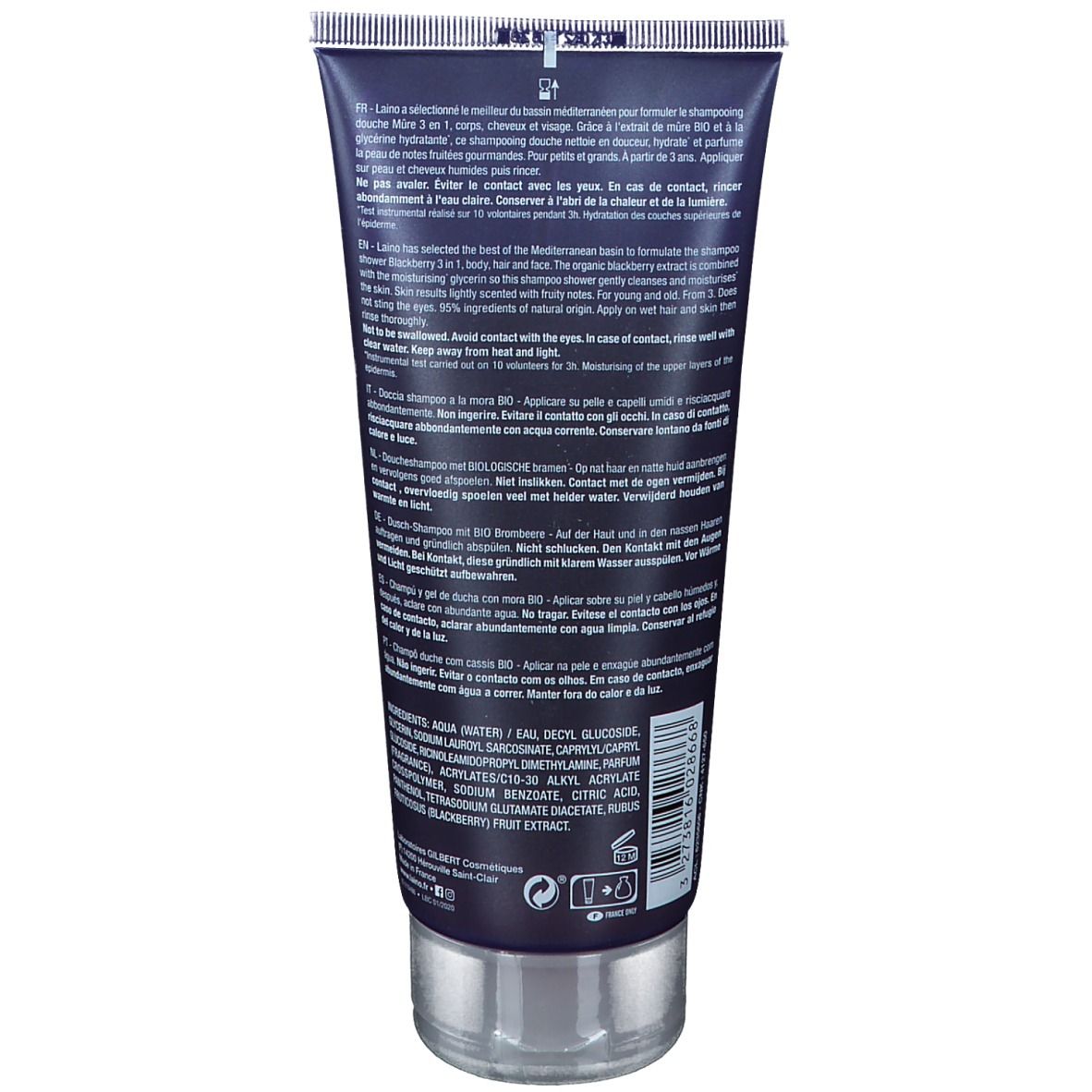 Dos du tube de shampooing douche LAINO. Texte multilingue. Ingrédients et instructions d'utilisation.