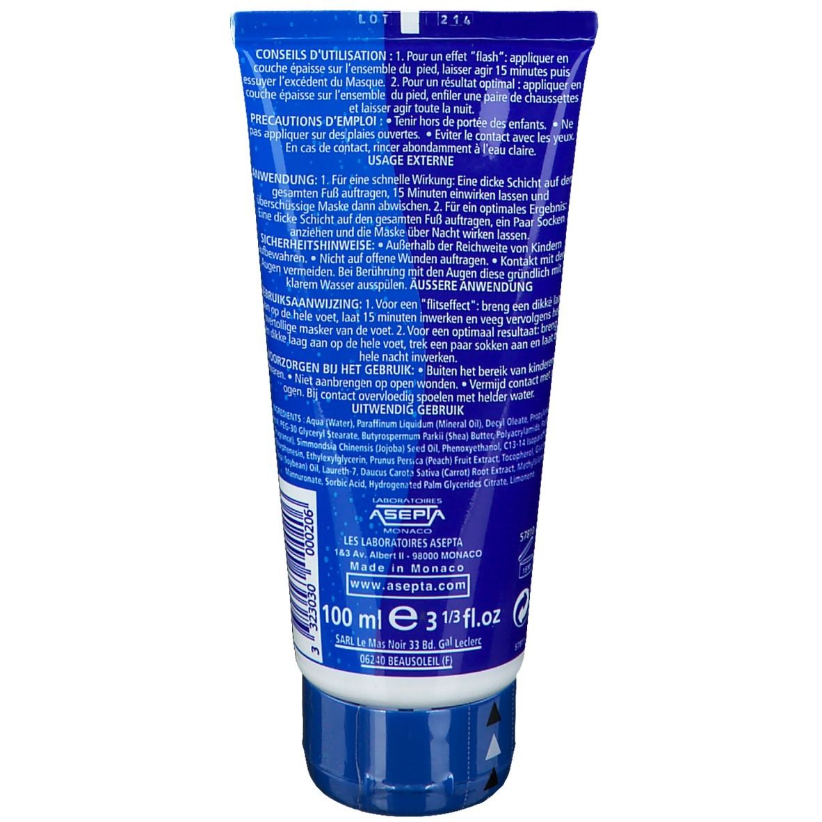 Fußmaske-Tube, blau-weiß. Text: ASEPTA, 100 ml. Gebrauchsanweisung in mehreren Sprachen.