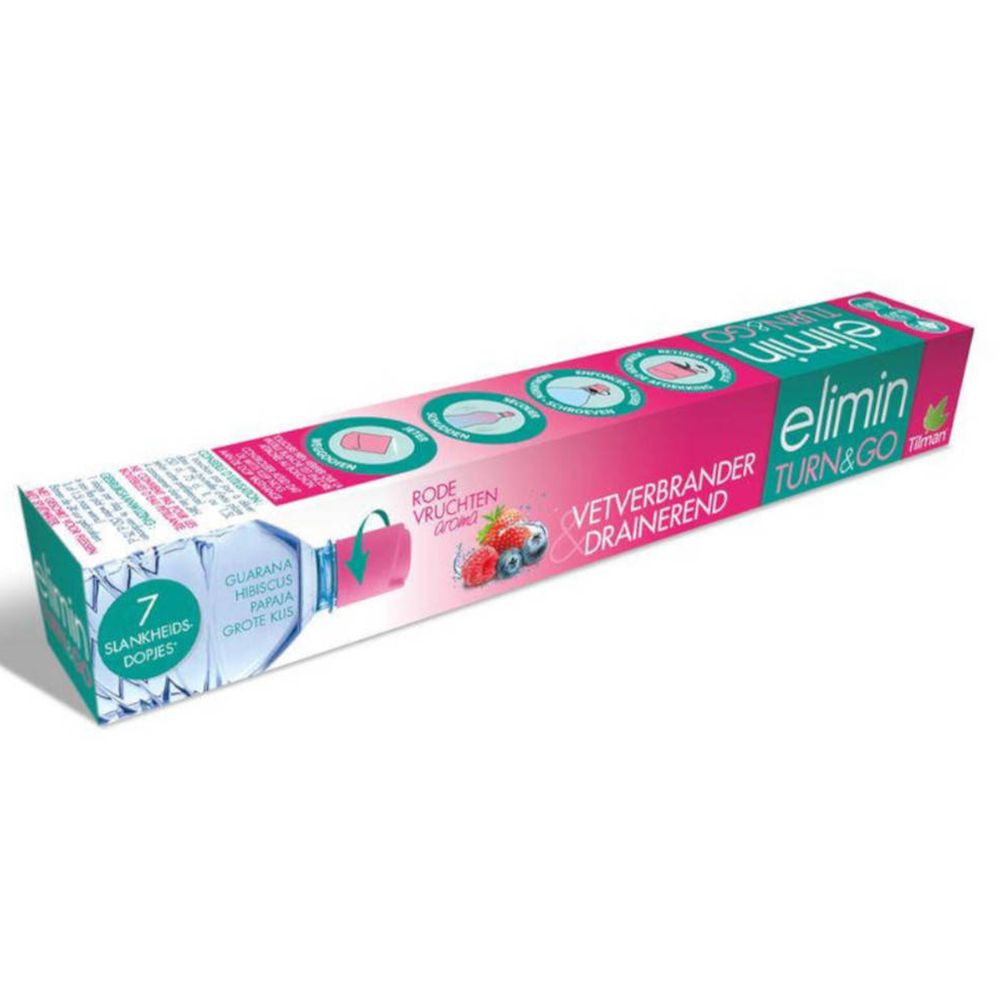 Lange, rechte Verpackung. Rosa-weiß mit Produktnamen und Illustrationen von Früchten. Text: Rote Früchte, Vetverbrander Drainerend.