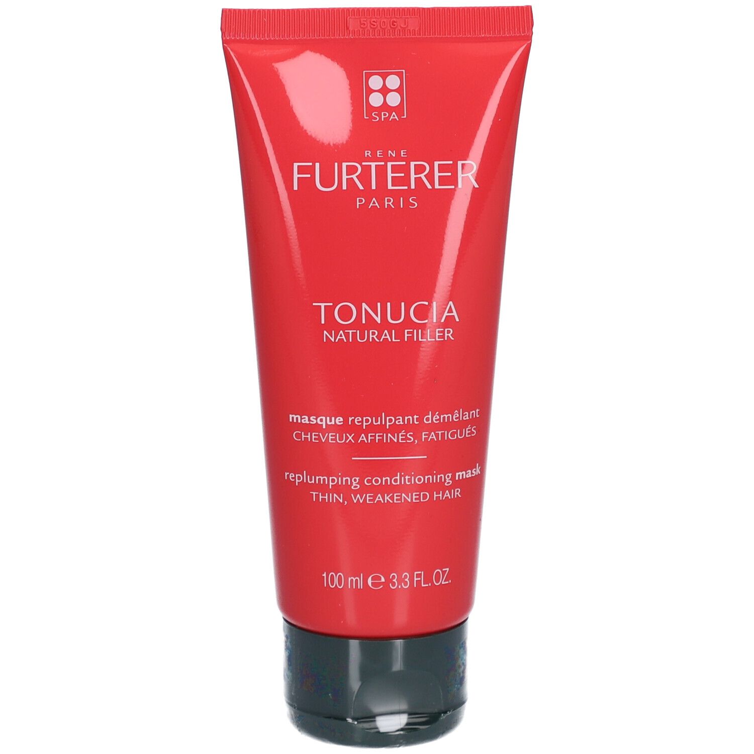 Rote Tube mit schwarzem Deckel. Aufschrift: René Furterer Paris, Tonucia Natural Filler. Text in Französisch und Englisch.